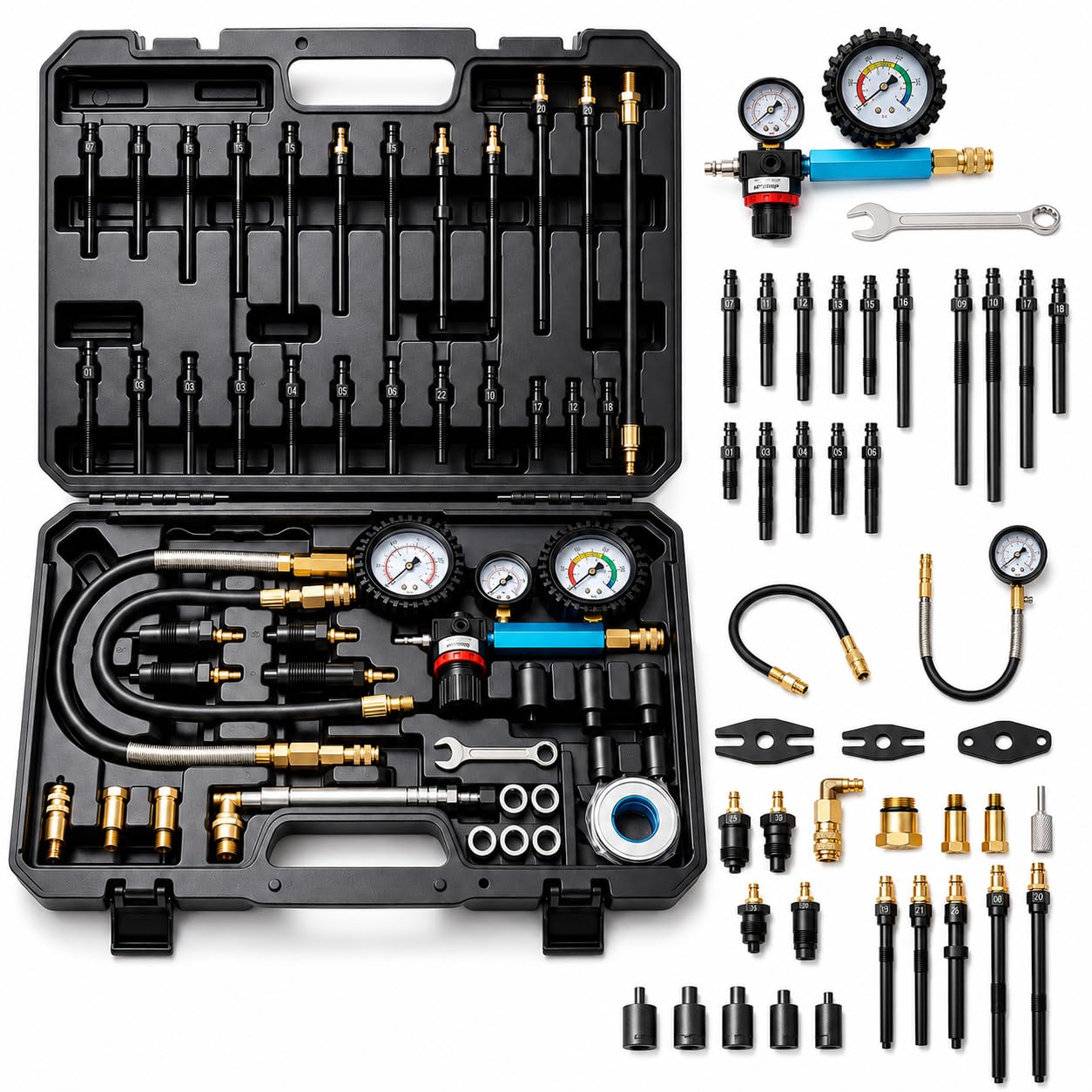 INCENDIOS 47 PCS Kit de Comprobador de Compresión y Detector de Fugas | para Motores Diésel y Gasolina, Medidor de Compresión 0-700 PSI / 0-50 Bar, Tester de Compresión para HDi, TDCi y Pumpe-Düse