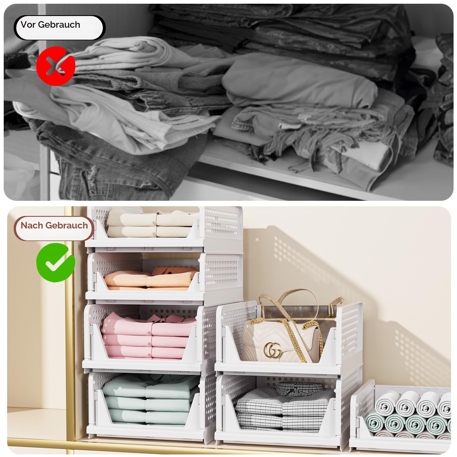5er-Pack Faltbare Schrank-Organizer, Aufbewahrungsbox, stapelbare Aufbewahrungskörbe, Kunststoff-Schubladenkorb, Schrankaufbewahrung für Kleiderschrank, Küche, Bad, Büro, Weiß, 5 l