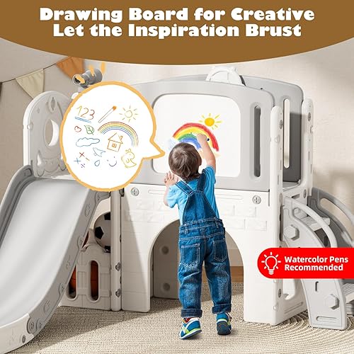 Miniatura 4 de Glaf Tobogán 9 en 1 para interiores y exteriores, toboganes para bebés de 1 a 3 años con aro de baloncesto escalador, tablero de dibujo y espacio de