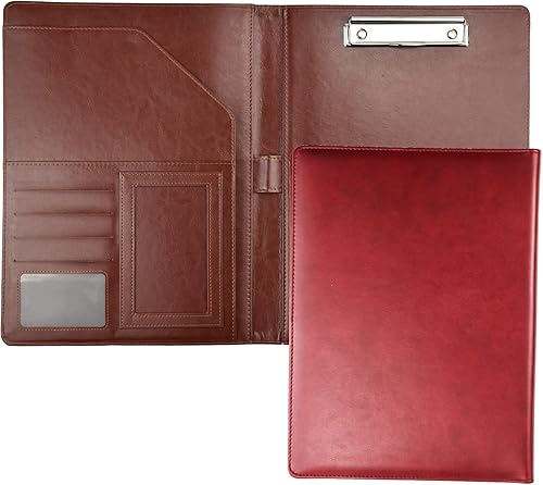 Enyuwlcm Carpeta de cuero de la PU con el clip del portapapeles Padfolio para el currículum de la entrevista de negocios (rojo vino)
