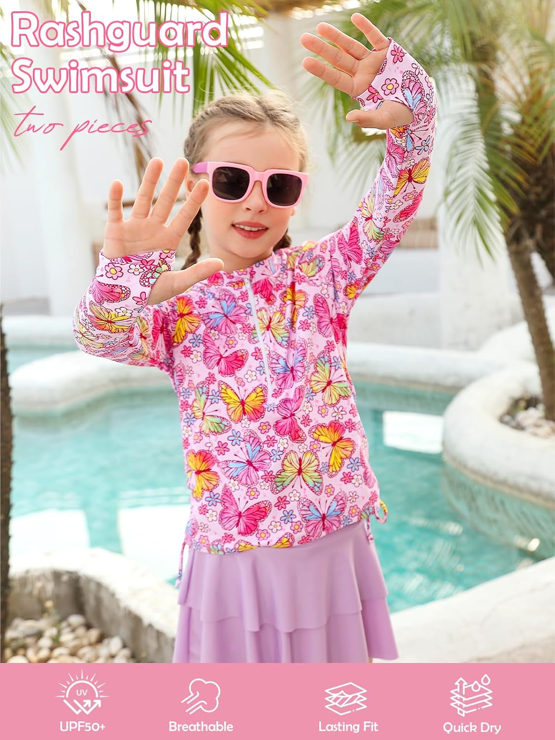 Vogseek 3-12T Girl Swimsuits 2pcs Long Sleeve Swim Rashguard Bathing Suit with Cover-ups Skirt - Image 3