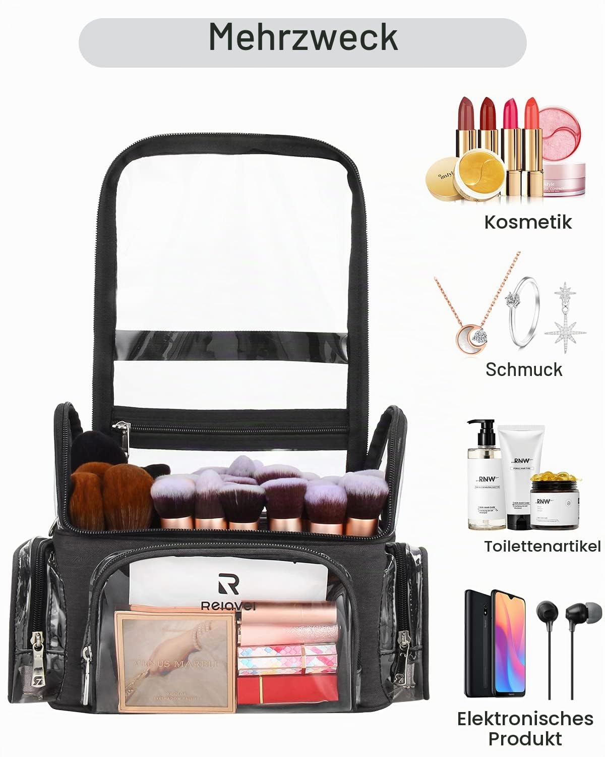 Relavel Make-up Pinsel Tasche, Portable Große Make up Pinselhalter, Professioneller Kosmetiktasche, Transparente wasserdichte Kosmetik Organizer Tasche mit Schultergurt