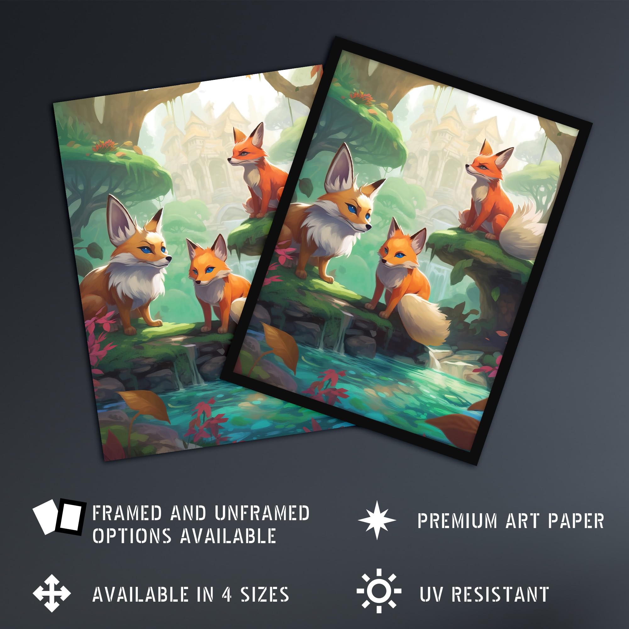 Artery8 Three Kitsune Fox Spirits Painting Orange Pink Green Blue Playful Mythical Creatures Perched By River in Lush Forest Landscape Large Wall Art Poster Print Thick Paper 18X24 Inch - Image 2