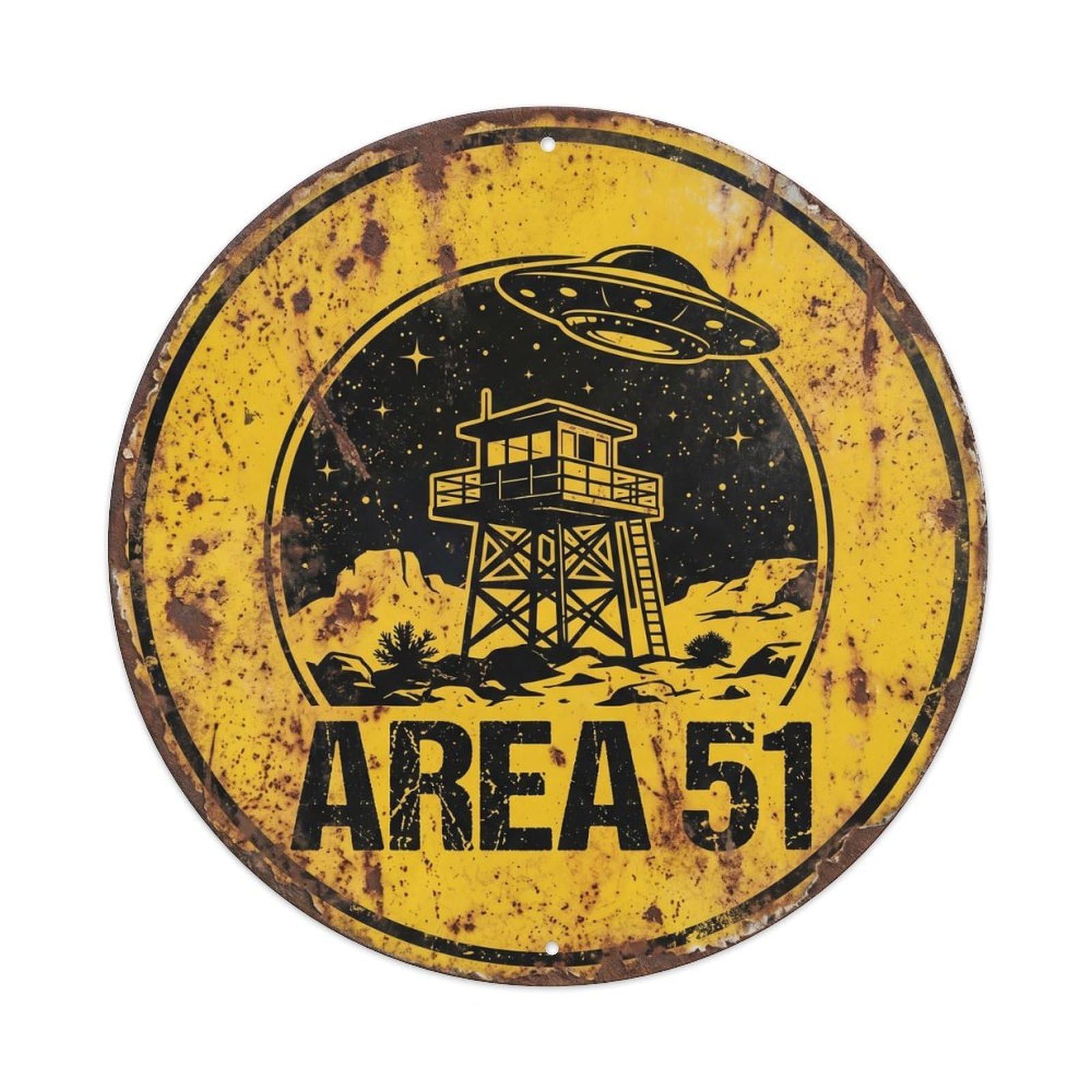 Vintage Alien Area 51 Night Watch Metal Tin Sign Plaque Wall Decor for Cafe, Club, Garden Round Metal Poster 8x8Inch