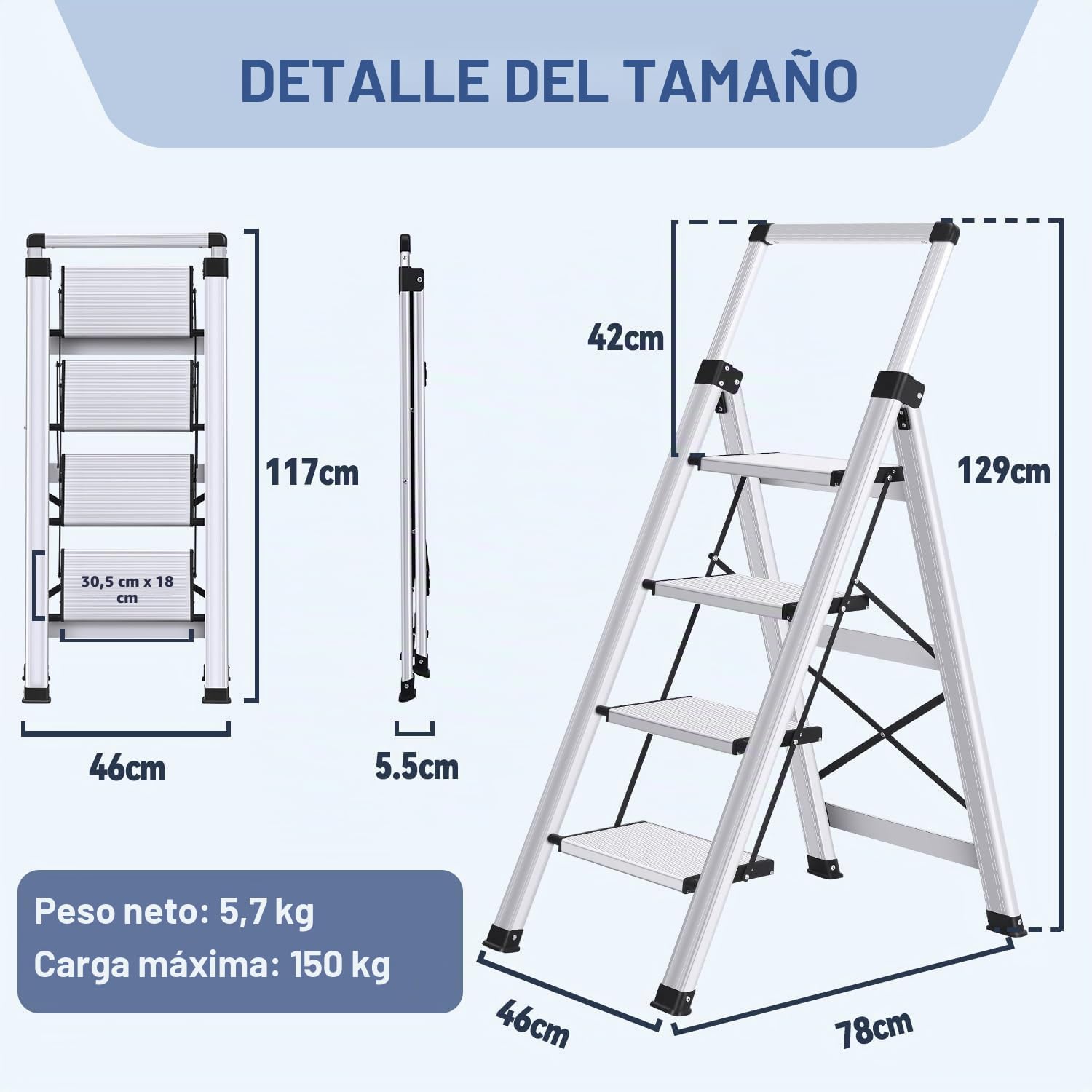 XinSunho Escalera 4 Peldaños Aluminio, Escalera Plegable con Pasamanos Extensible, Bandeja para Herramientas, Escalera de Tijera Antideslizante, Escalera Portátil para casa y Oficina, Carga Máx 150kg