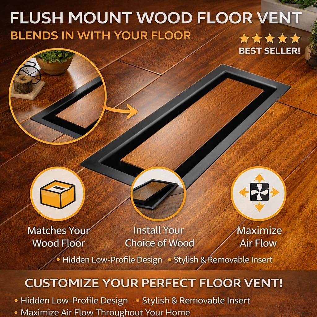 Floor Register 4x10 Modern Vent Covers Tile Insert Cover Steel Vents registers 10x4 Drop in with Custom Made Tiles Inserts Iron Tray Low Profile Hardwood Floors grates Grille Marble (5 X Black)