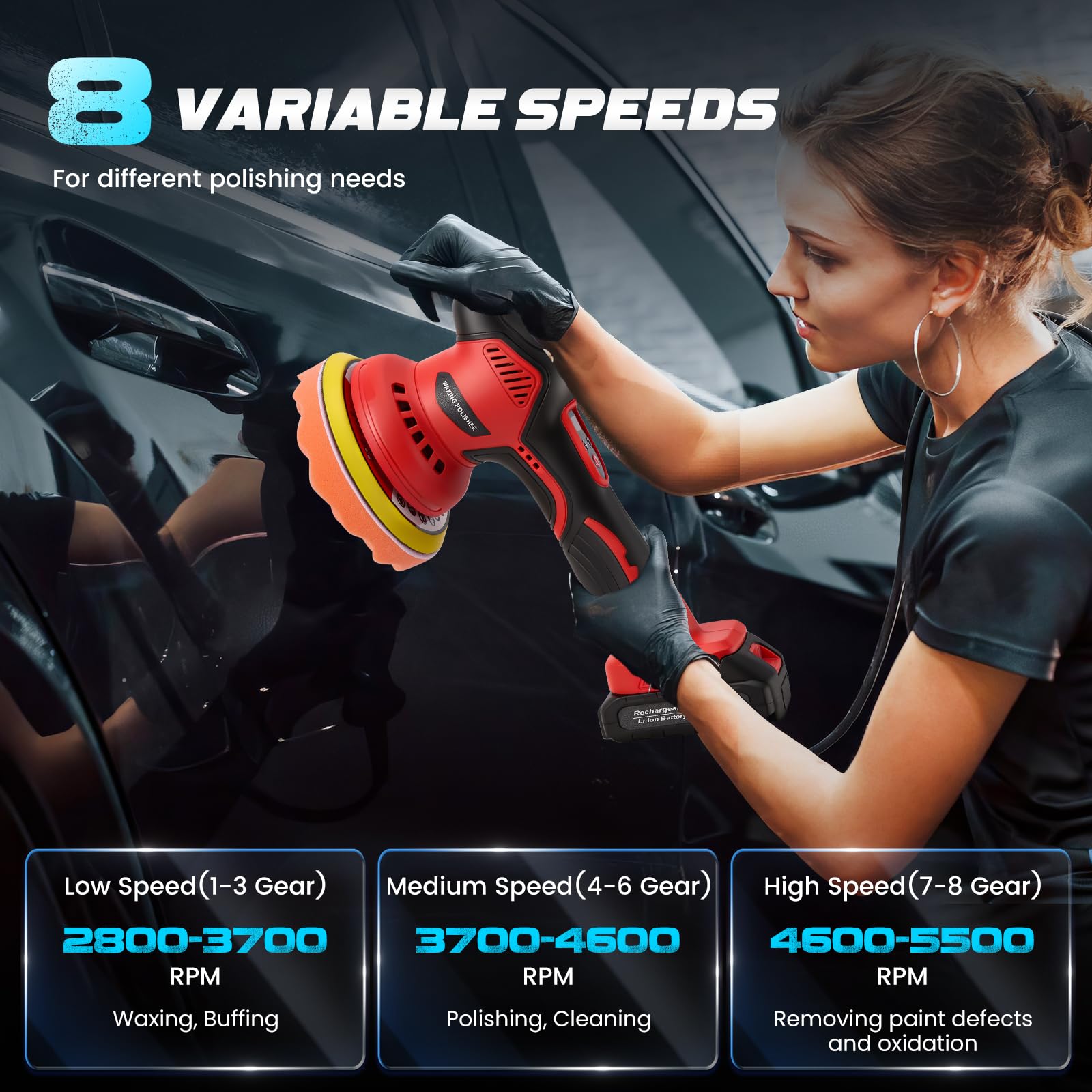 Pulidora Inalambrica Coche, 21V Pulidora Coche Orbital 2 Baterías, 8 Velocidades Variables 2800-5500 RPM, Pulidoras Bateria para Pulir Coche y Encerar
