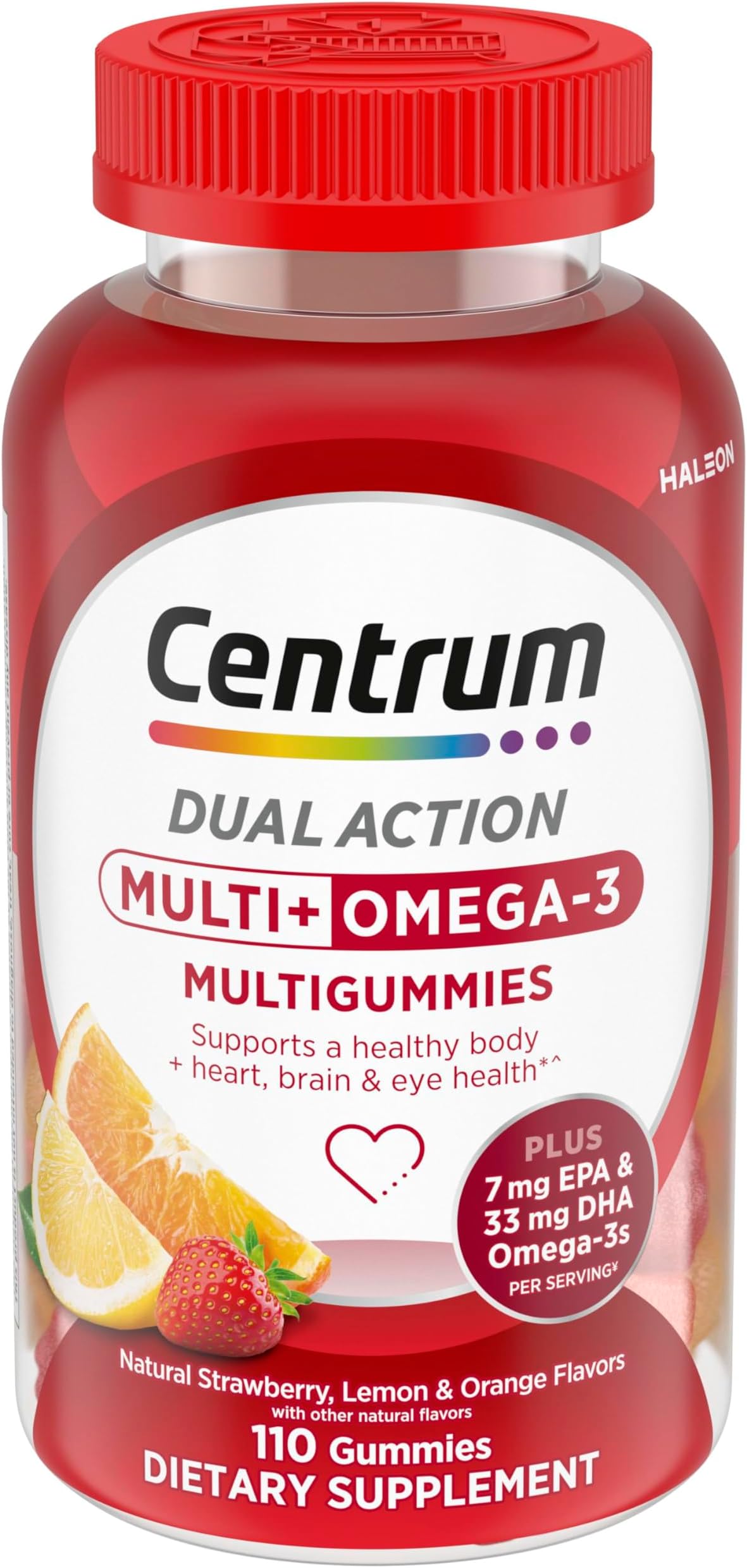 MultiGummies Multi+ Omega 3 Dual Action, Adult Multivitamin, Multivitamin/Multimineral/Omega 3 Supplement, Strawberry/Lemon/Orange Flavors - 110 Count
