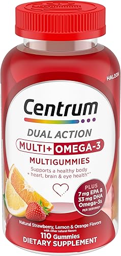 Centrum MultiGummies Multi+ Omega 3 Dual Action, Adult Multivitamin, Multivitamin/Multimineral/Omega 3 Supplement, Strawberry/Lemon/Orange Flavors - 110 Count