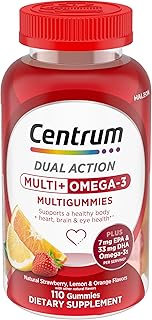 Centrum MultiGummies Multi+ Omega 3 de doble acción, multivitamínico para adultos, suplemento multivitamínico/multimineral/Omega 3, sabores de fresa/limón/naranja, 110 unidades