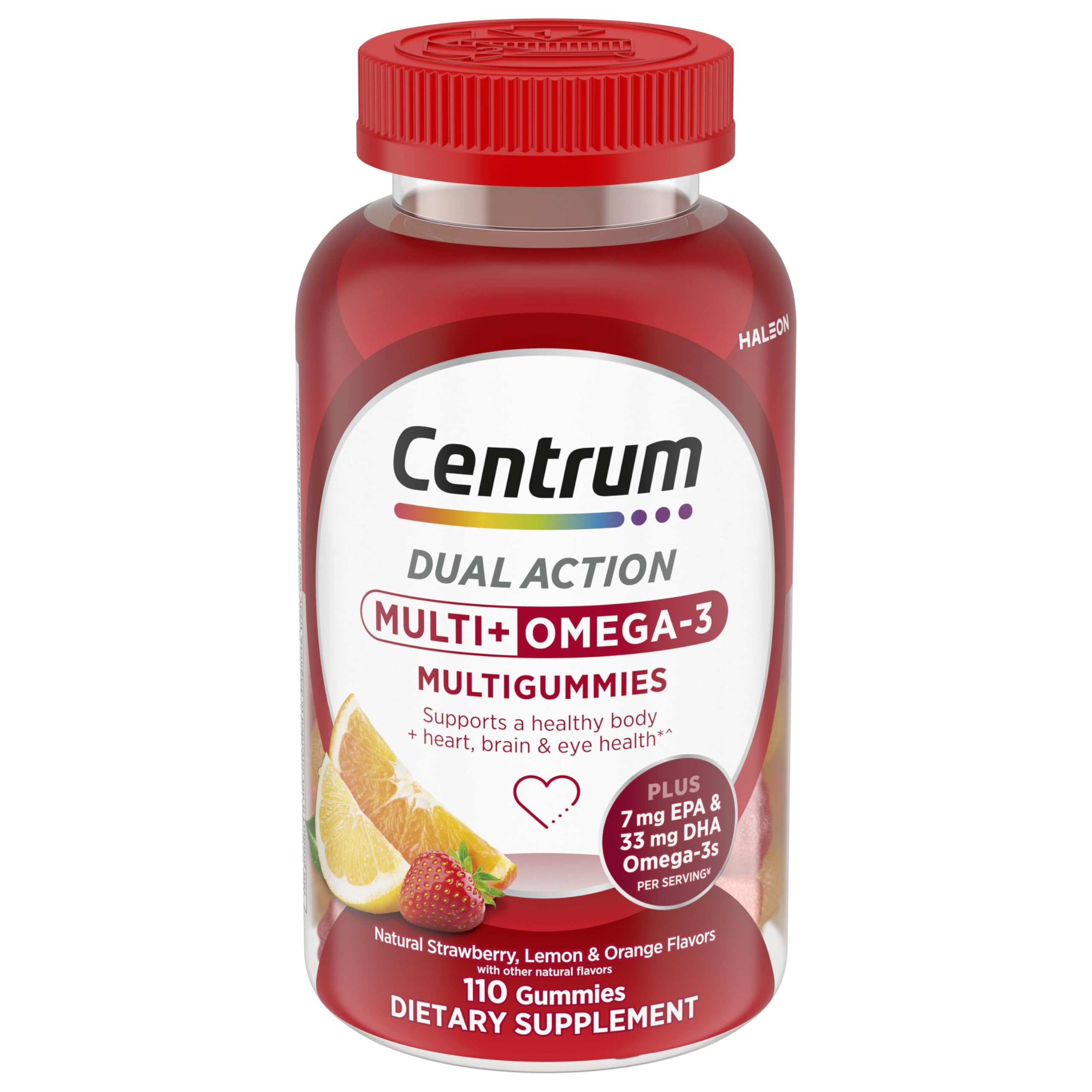 CentrumMultiGummies Multi+ Omega 3 Dual Action, Adult Multivitamin, Multivitamin/Multimineral/Omega 3 Supplement, Strawberry/Lemon/Orange Flavors - 110 Count