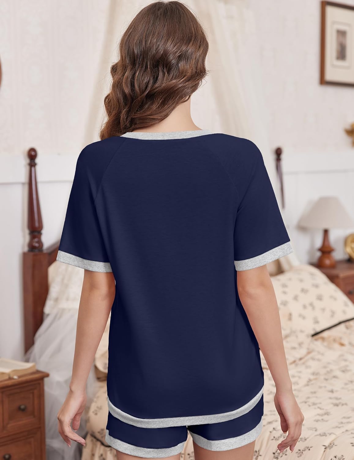 Ekouaer Pajamas for Women Short Sleeve Pjs Sets Crewneck Striped Tops and Shorts 2 Piece Lounge Sets with Pockets S-XXL - Image 5