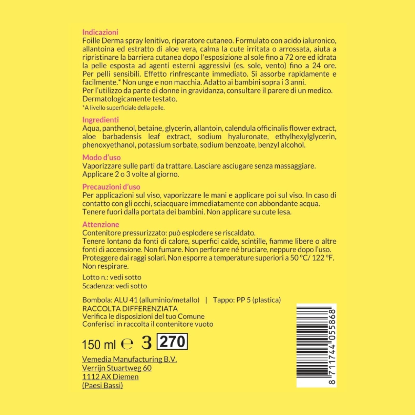 Foille Derma Spray Doposole Lenitivo con Aloe Vera, Pantenolo e Acido Ialuronico, Idratante e Rinfrescante per Pelle Scottata o Arrossata, Formula Senza Alcool, Assorbimento Rapido, 150 ml