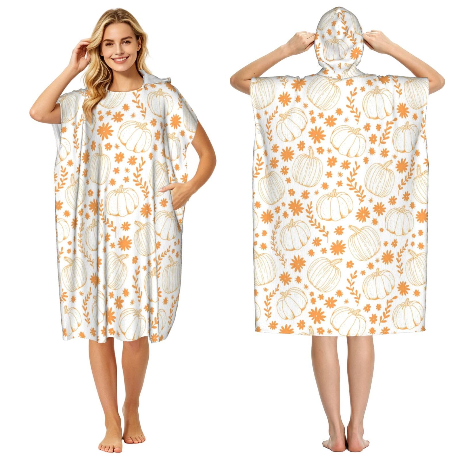 Poadnly Autumn Pumpkin Flower Leaf, Adult Hooded Beach Towel 90 x 110 cm,Changing Bath Robe, Surf Poncho Towel For Women Men