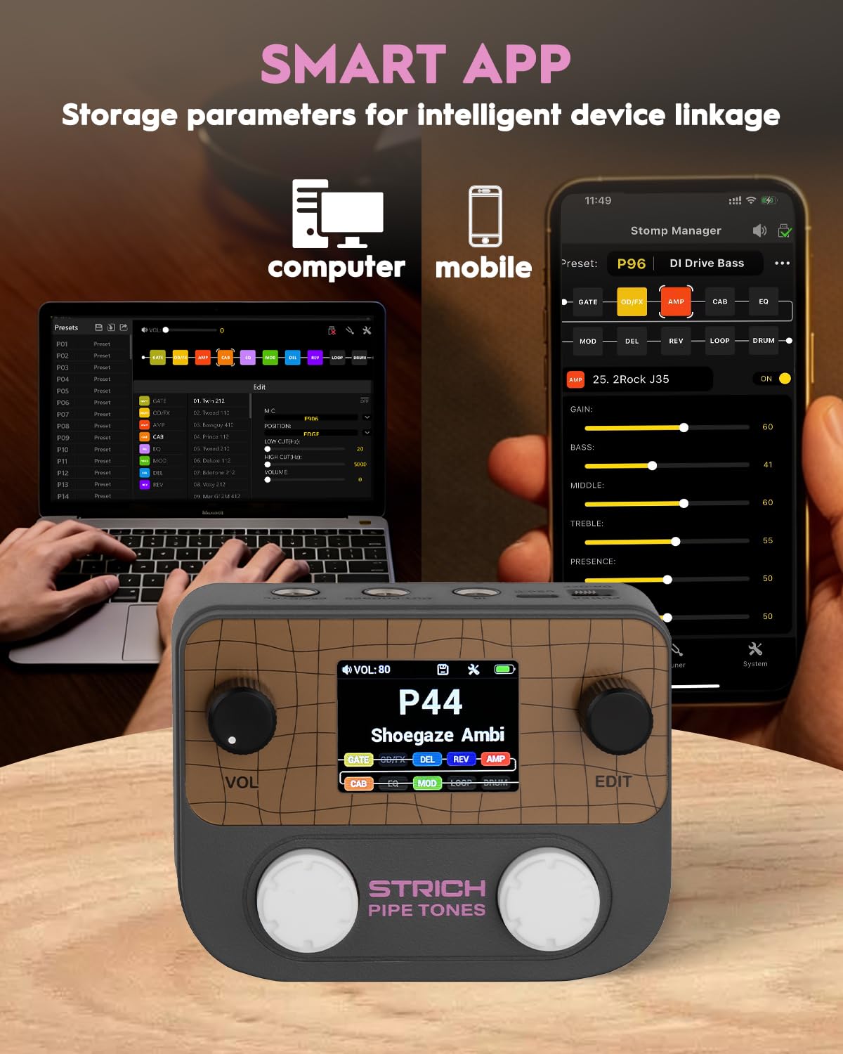 STRICH Pipe Tones Pocket Multi-Effects Processor per chitarra e basso con pedale 10 moduli effetto 125 effetti Looper 40s 100 pattern di batteria Interfaccia audio USB Controllo wireless(Grigio scuro)