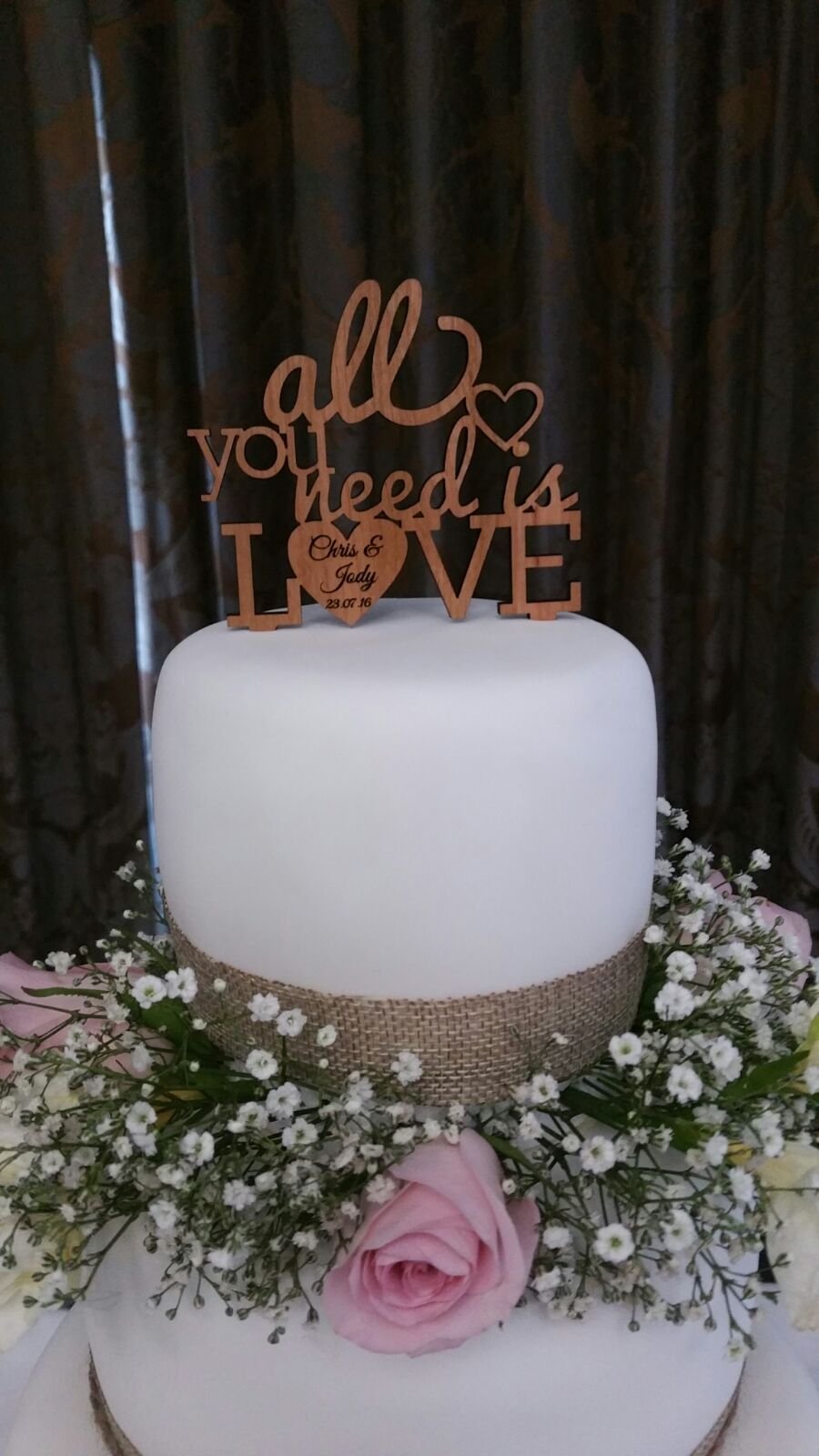 All you need is love Beatles personalised engraved Mr & Mrs 4" top tier cake topper wedding keepsake heart (Cherrywood)