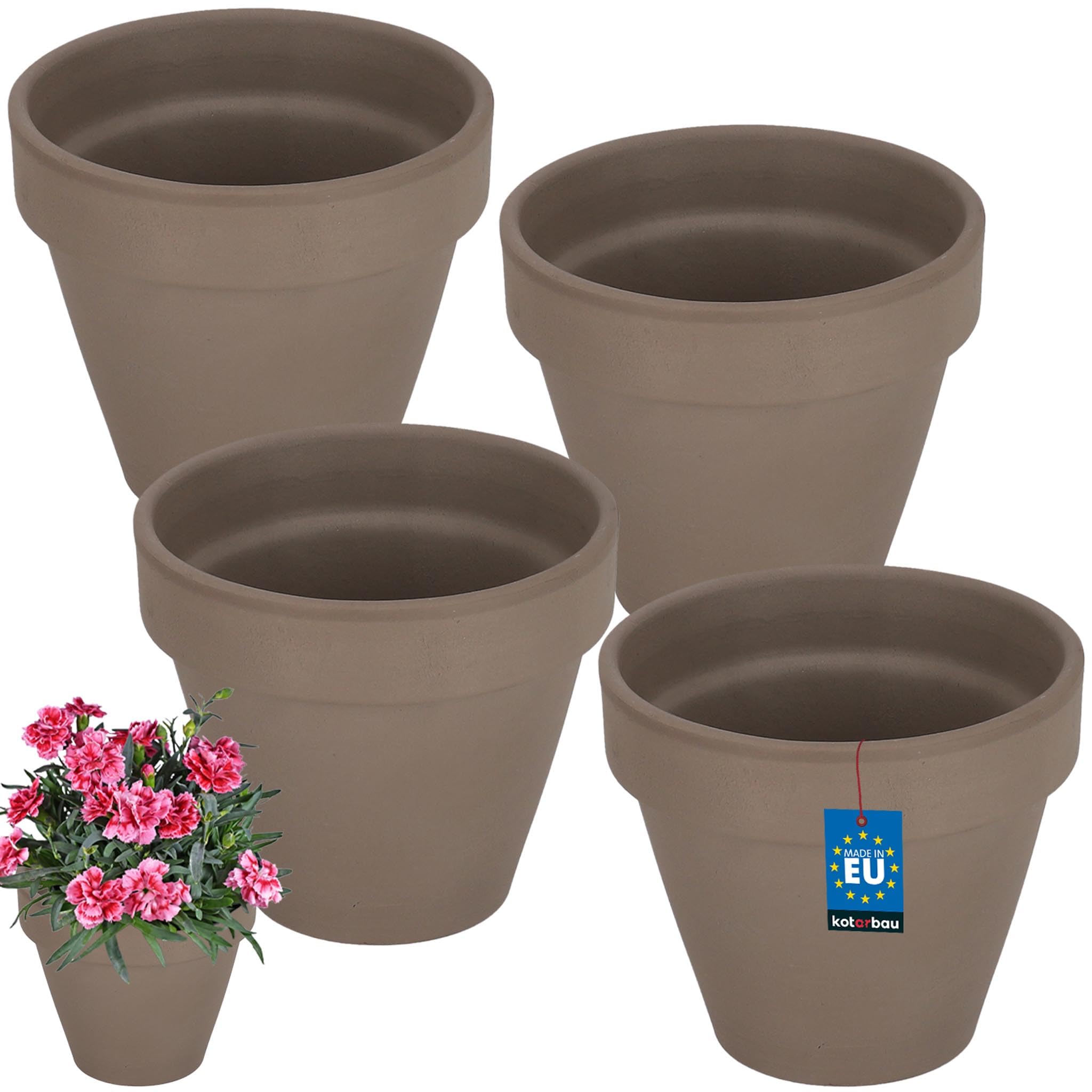 KOTARBAU® 4er Set Blumentopf aus Terrakotta Mokka ⌀ 11 cm Übertopf mit Rand für Innenräume und Gärten