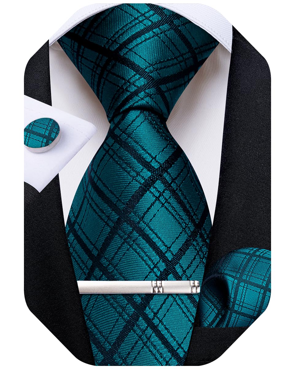 DiBanGu Mens Silk Plaid Tie and Pocket Square Set