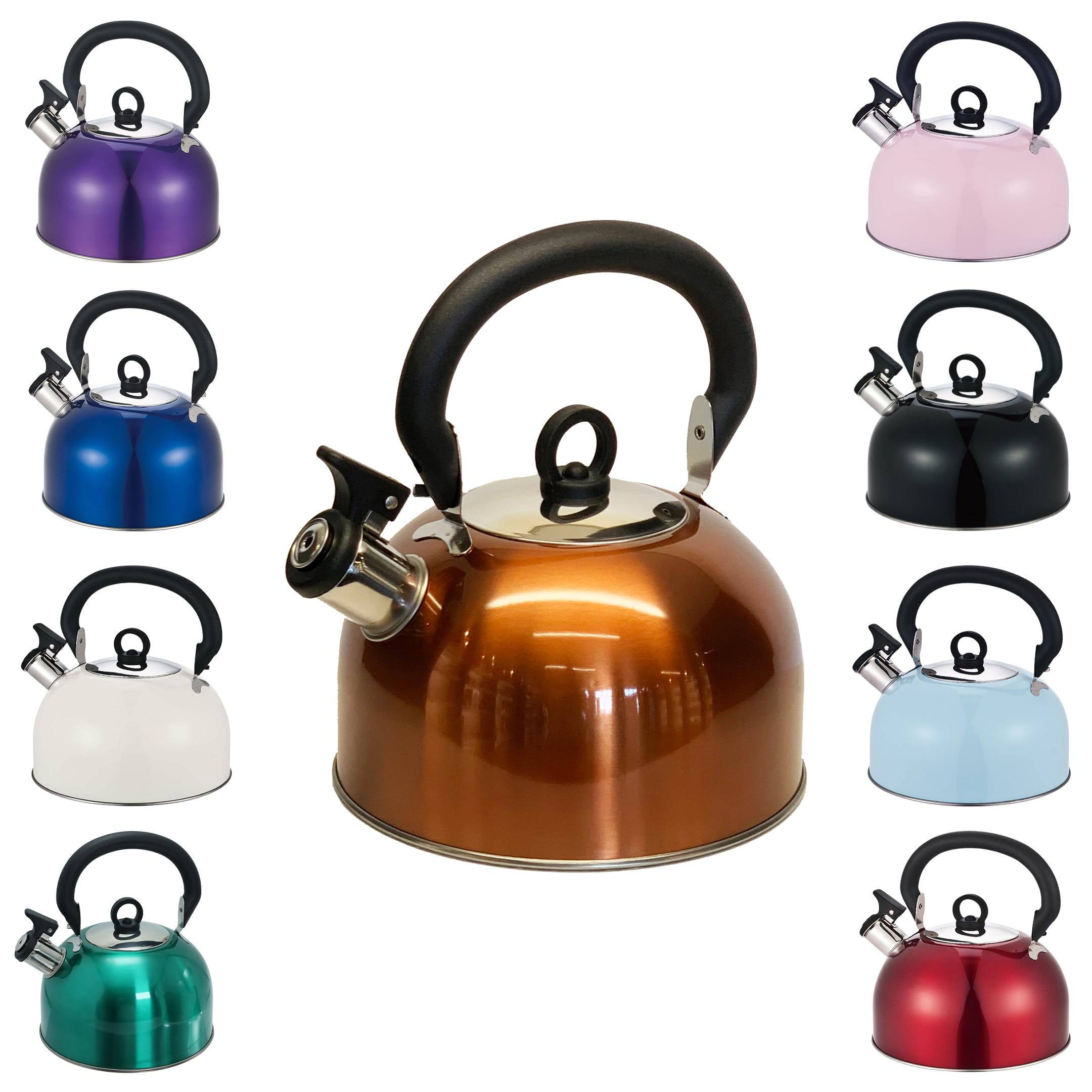 Buckingham Stainless Steel Whistling Kettle with Heat Resistant Phenolic Handle 2.5 L Metallic Copper Suitable for Camping Hiking Indoor & Outdoor