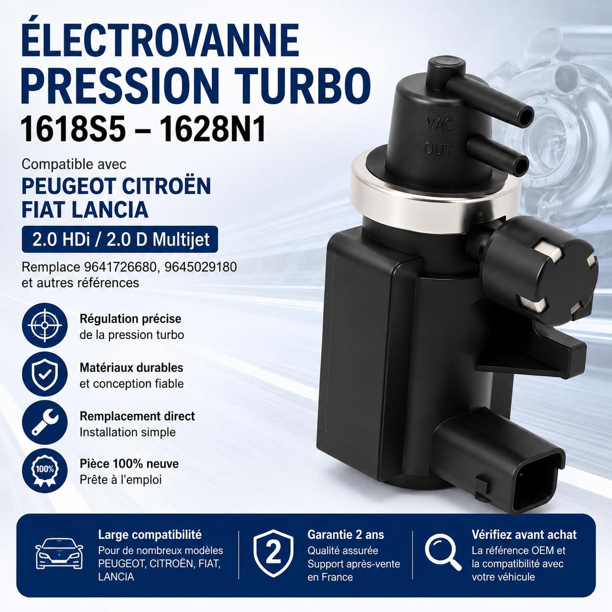 Compatible avec PEUGEOT CITROËN 1618S5 1628N1 Électrovanne Pression Turbo - Pour 2.0 HDi D Multijet - Remplace 9641726680, 9645029180