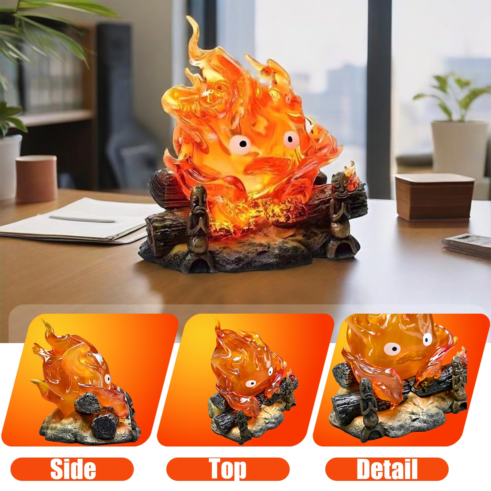 Calcifer Lamp Statue, Cute Calcifer Night Light Desktop, Warm Orange Flame Lights for Bedroom Office Decoration Gift Camping, 5 inch