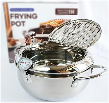 3.6QT - Deep Fryer Pot, Japanese Frying Pot with Thermometer | 3.4L For 3-6 People, Food Grade Stainless Steel