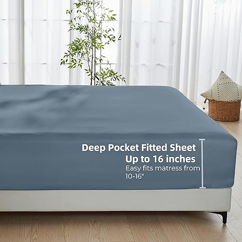 Miniatura 7 de GOKOTTA Sábana bajera tamaño Queen  Bolsillo de 16 pulgadas, 100% rayón hecho de bambú, sábana inferior súper suave y refrescante con correas
