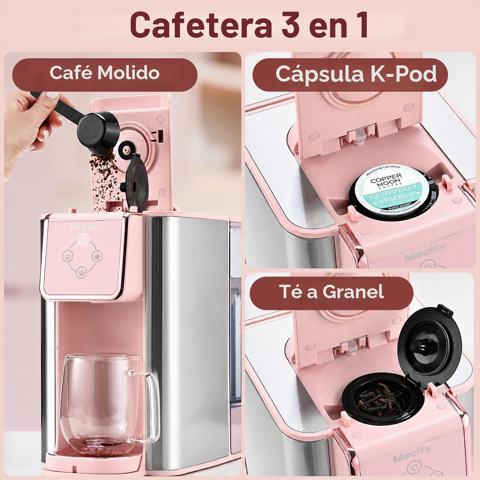 Mecity Cafetera rosa 3 en 1 de una sola porción, para cápsulas de café de fondo plano, café molido, taza de 6 a 10 onzas, depósito de agua extraíble de 50 onzas, 120 V y 1150 W