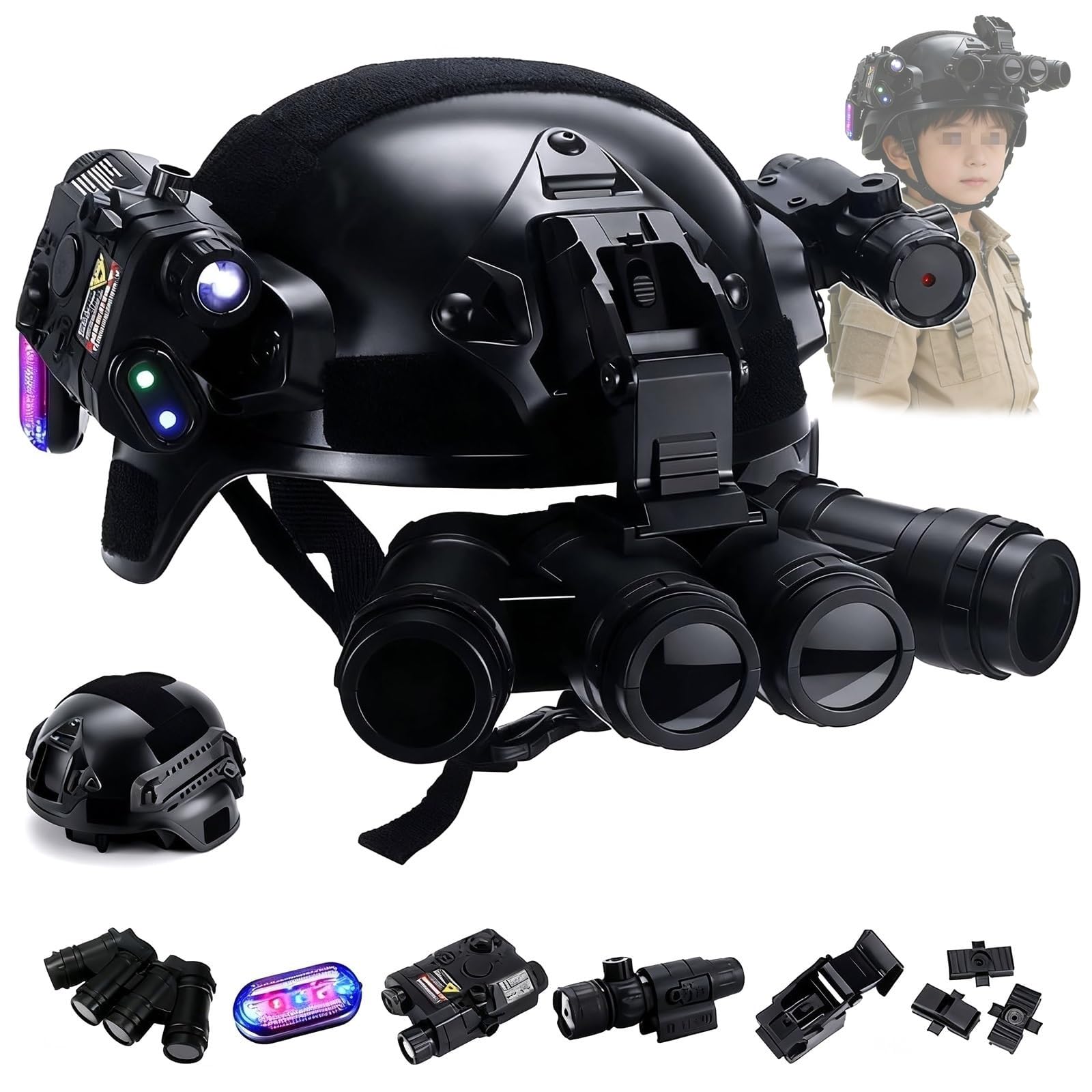 Ensemble De Casque Tactique for Enfants, Modèle Nvg À 4 Yeux, Lampe De Poche Et Support NVG | Équipement De Combat Multifonctionnel for Le Jeu De Plein Air Cosplay Airsoft