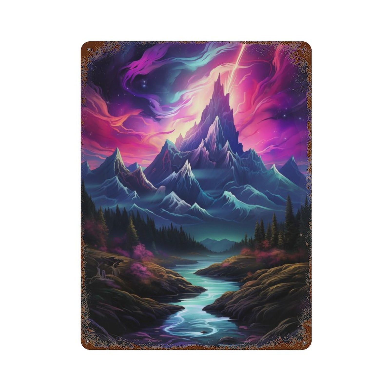Mountain Violet Aurora Decorative Tin Sign 15.7"x11.8", for Bistro, Counter And Cafe Decor, Classic Wall Plaque