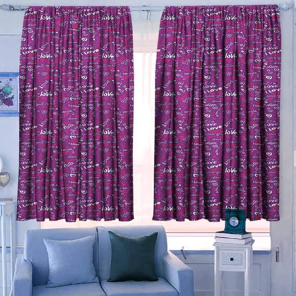 Home Decoration Thermal Insulated Curtains 63"W x 63"L for Bedroom Nursery Living Room I Love You Different Typographic Texts Expressing Love Affection Scribble Hearts Purple Scarlet White