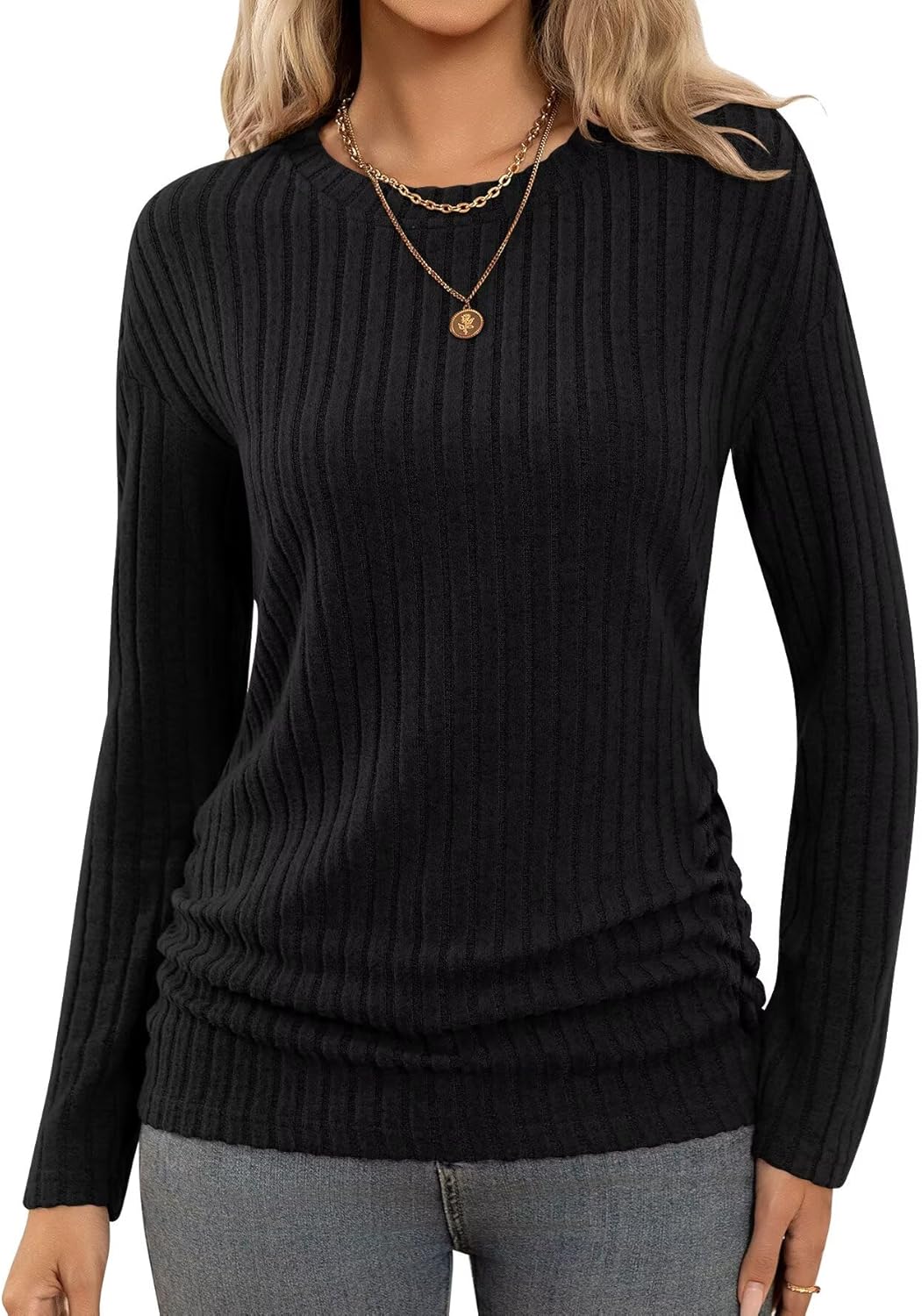 Bliwov Long Sleeve Shirts for Women Fall Fashion Outfits CrewNeck Tops Sides Ruched Spring Pullover Sweaters Tunic Clothes