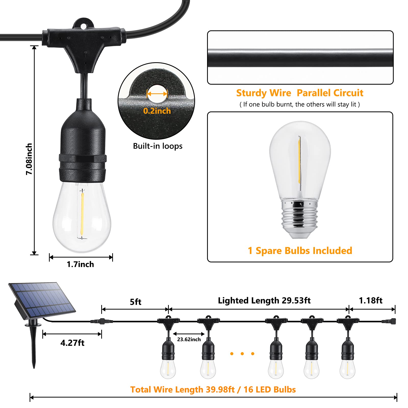 Flacchi Solar Bistro Lights Waterproof Shatterproof S14 Edison Lights