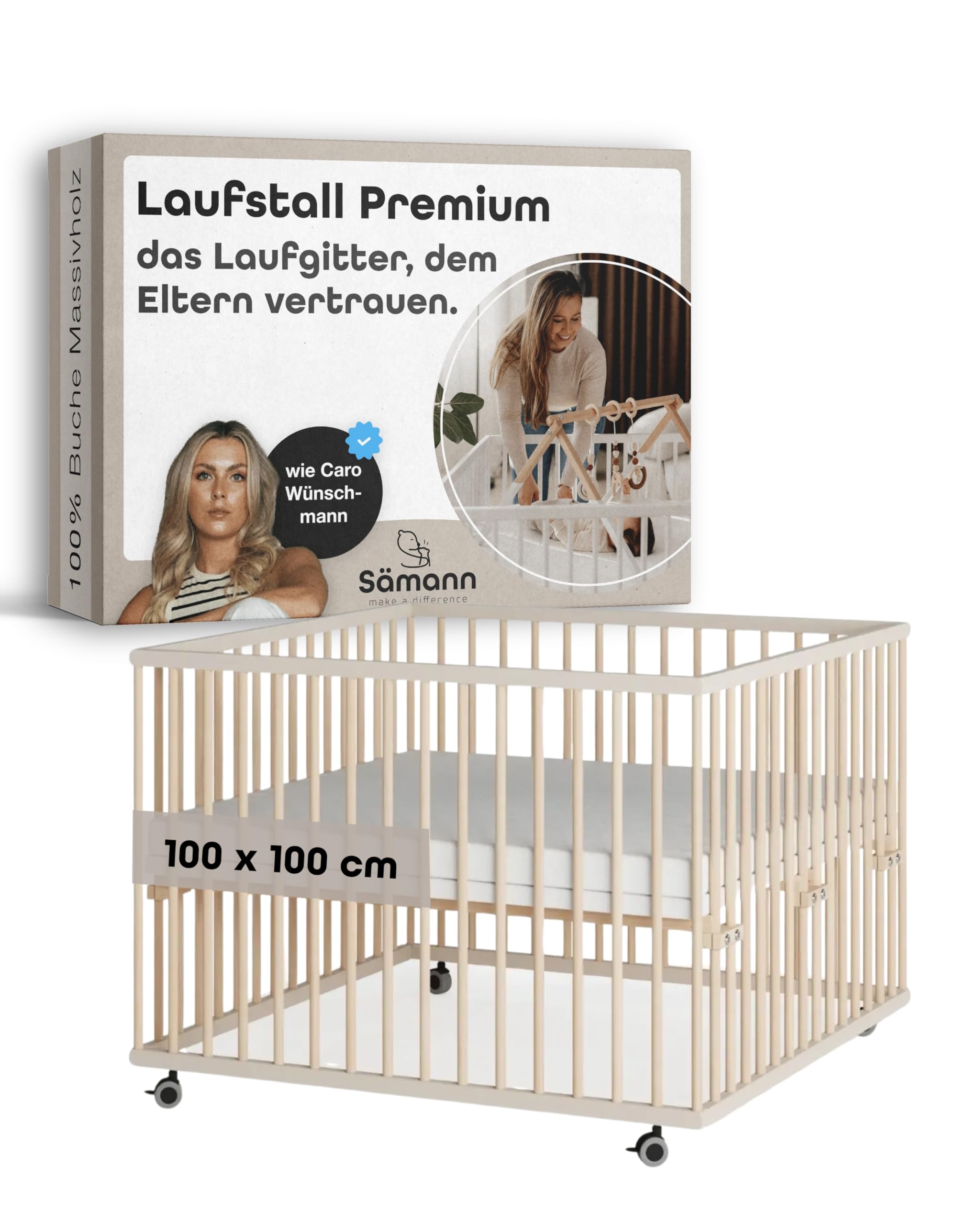 Sämann Premium Baby Laufstall aus Holz I Sahara Dust/Natur 100x100 cm I Stufenlos Höhenverstellbares Babybett aus Massivholz I Modernes Krabbelgitter & Sicheres Spielgitter I TÜV geprüft