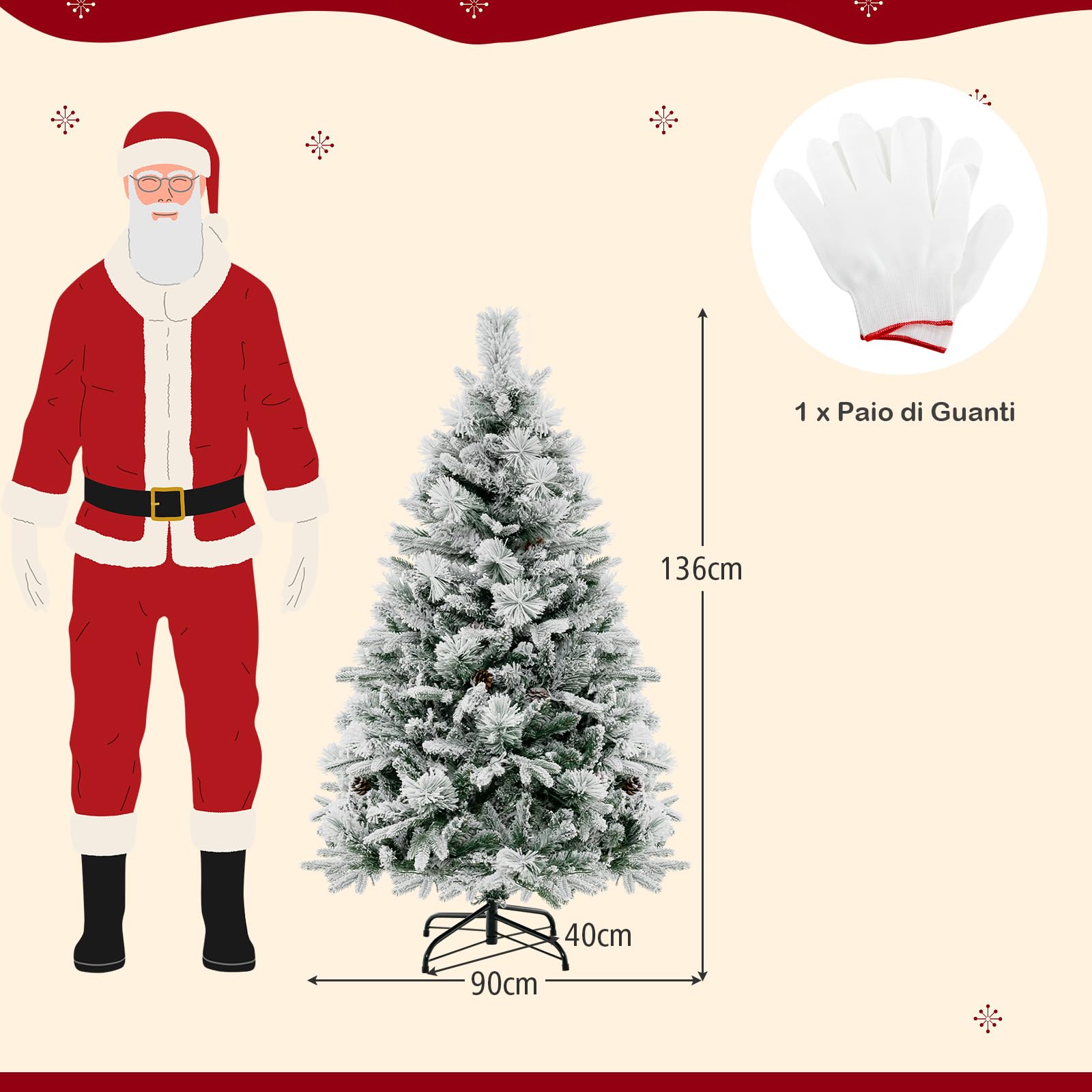 COSTWAY Albero di Natale Innevato 136/180/210 cm, Albero di Natale con 160/240/320 Luci LED, 472/850/1270 Rami di PE e PVC, 26/34/40 Pigne, Aghi di Pino e 8 Modalità di Illuminazione (136 CM)