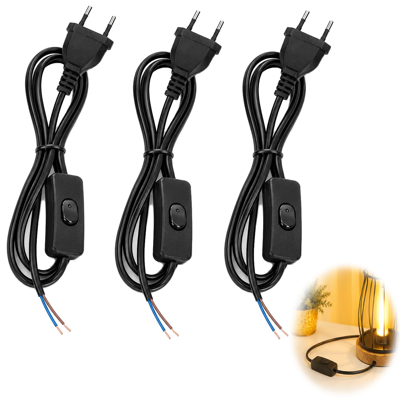 3 Stück Kabel mit Schalter und Stecker, Lampenkabel mit Schalter 1,8 m, Stromkabel Verlängerung für Lampen, Tischlampen Stehlampen Innenbereich PVC-Mantel Kupferkern 220V 100W Ein/Aus, DIY Beleuchtung