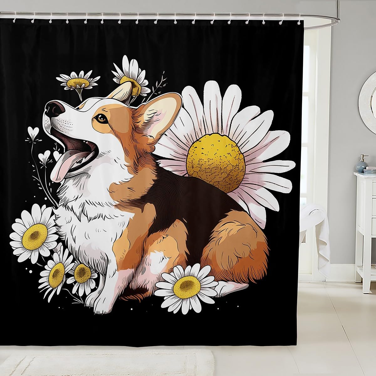 Erosebridal Corgi Shower Curtain Cute Dog Bathtub Shower Curtain Daisy Bath Curtain for Kids Boys Girls Teens Cartoon Animal Bathroom Sets White Floral Plant Bathroom Decorative, Black 72" W x 72" L