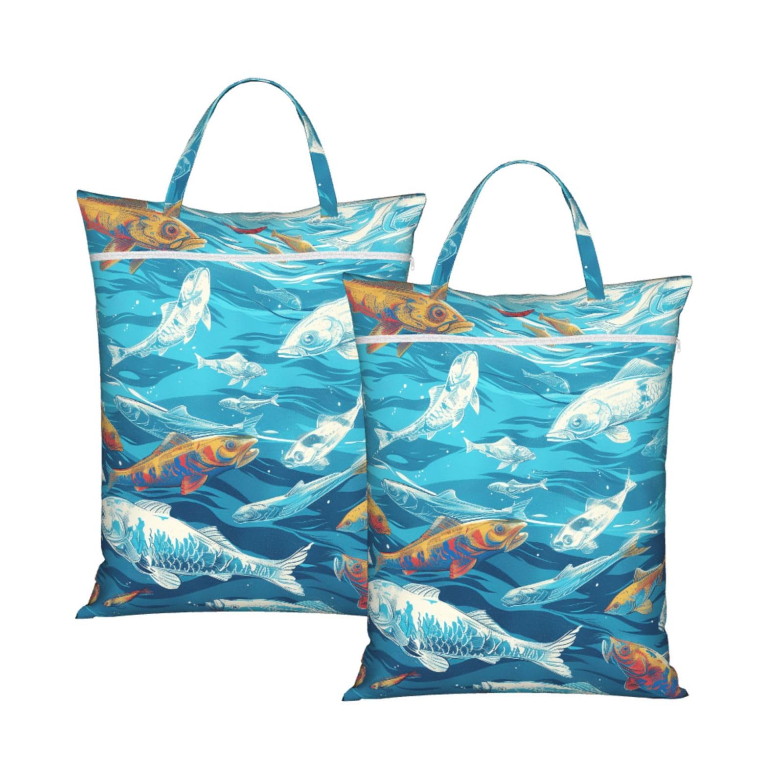 Large Travel Laundry Bags,Fishes Print with Handle Foldable Laundry Bag for Holidays Gym Swimming and Family Trips, 2Pcs