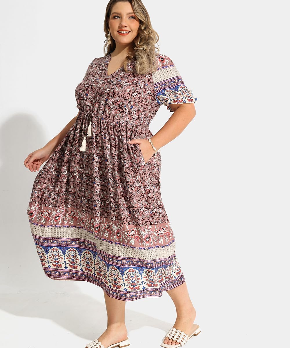 RITERA Plus Size Midi Dress for Women Casual V NeckShort Sleeve Ruffle Flowy Boho Drawstring Tassel Waist XL-5XL - Image 3