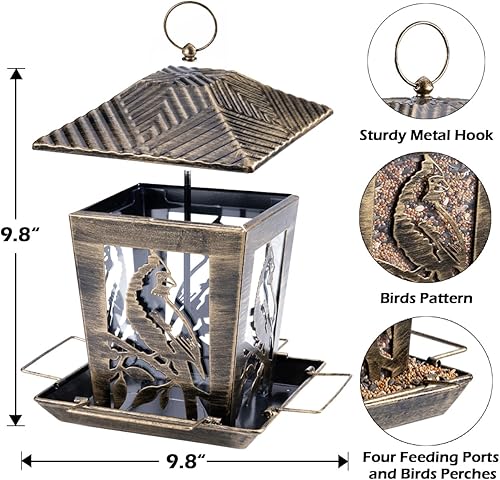 Miniatura 2 de Birdream Comedero para pájaros para exteriores de metal con capacidad de 3 libras, patrón cardenal, vintage, dorado, resistente a la intemperie,