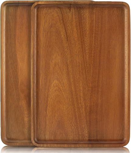 2 bandejas de madera de acacia maciza para servir de 16 x 12 pulgadas, platos rectangulares de madera natural, tableros de madera natural para bar,
