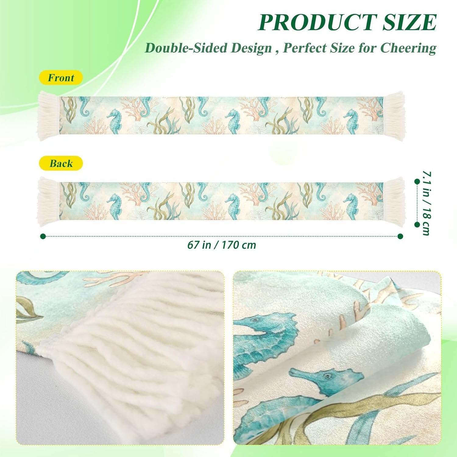 CHIFIGNO Retro Seahorse Sports Fan Scarf for Games, Quick Dry Polyester Fabric for Wiping Sweat with Team Spirit Fringe
