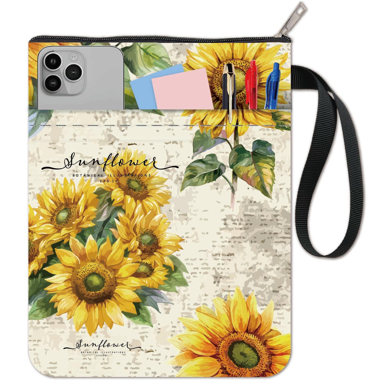 CRASPIRE Sunflower Book Sleeve with Zipper, Canvas, Floral Pattern, Book Cover for Hardcover, Paperbacks, Soft Books, Multi-function Pouch