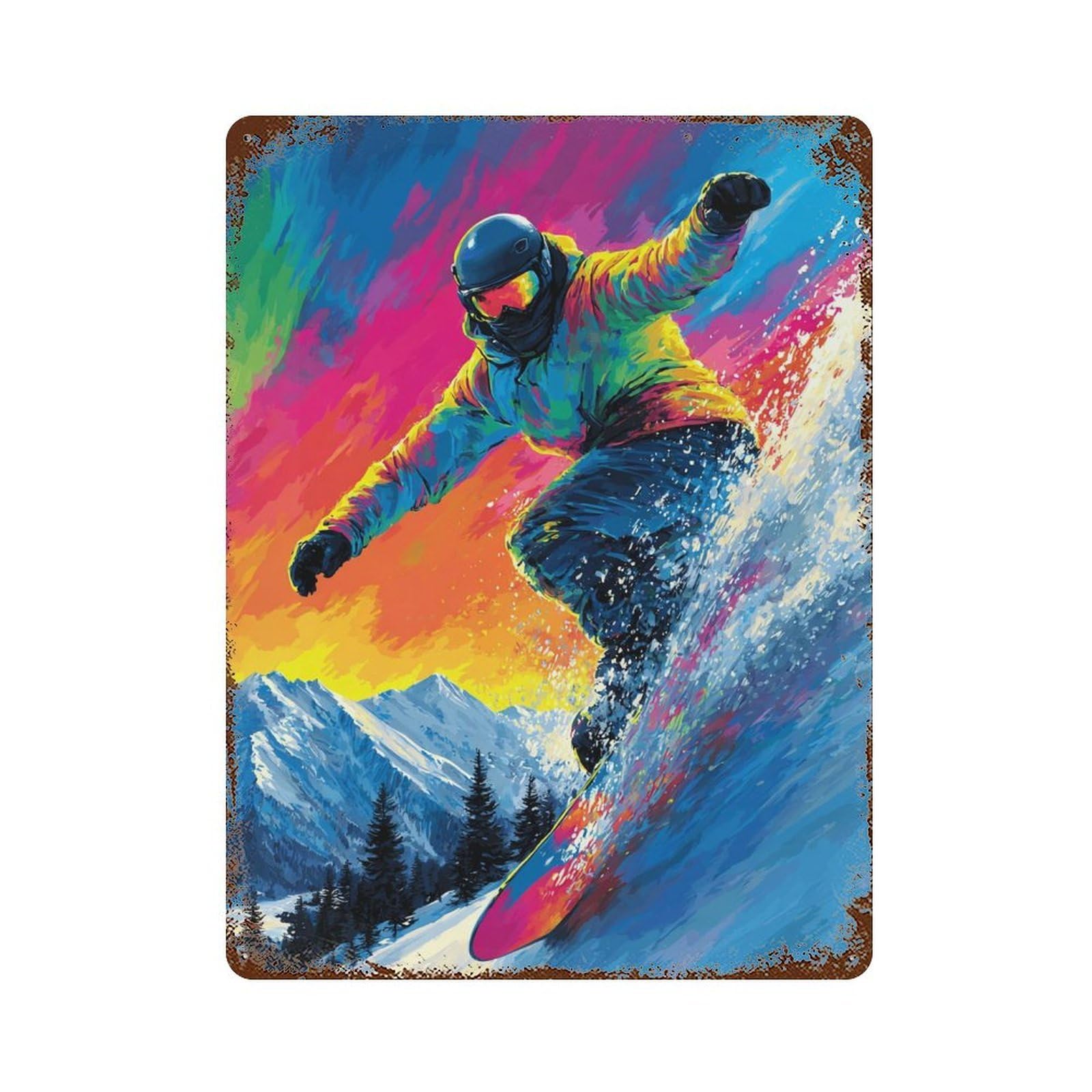 Colorful Snowboarding Adventure-1 Aged Metal Wall Plaque 15.7"x11.8", for Pub, Kitchen And Man Cave Decor, Decorative Metal Wall Art
