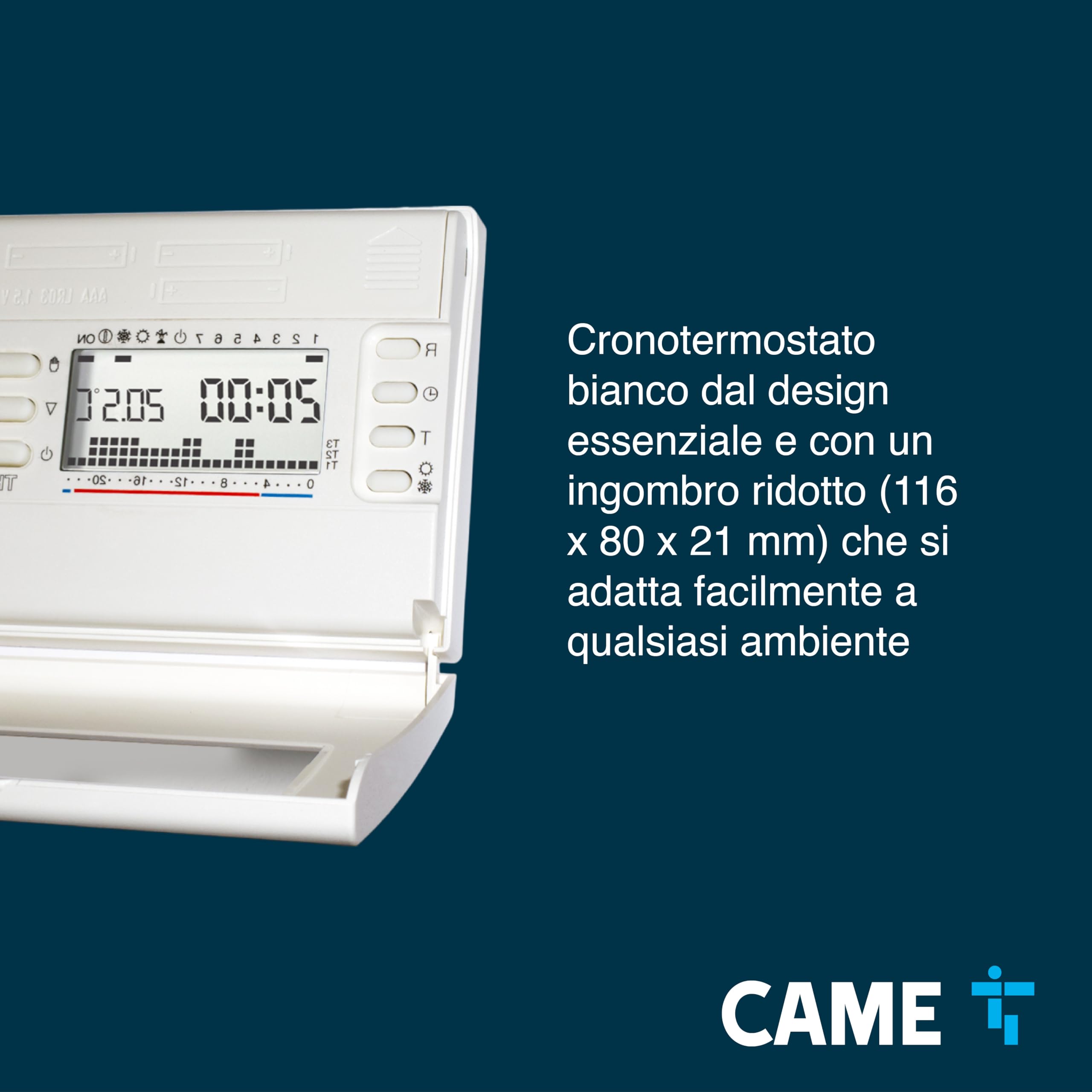 CAME TH/400 BB Cronotermostato digitale settimanale a parete colore bianco con alimentazione a tre batterie da 1,5V per un controllo semplice e affidabile della temperatura