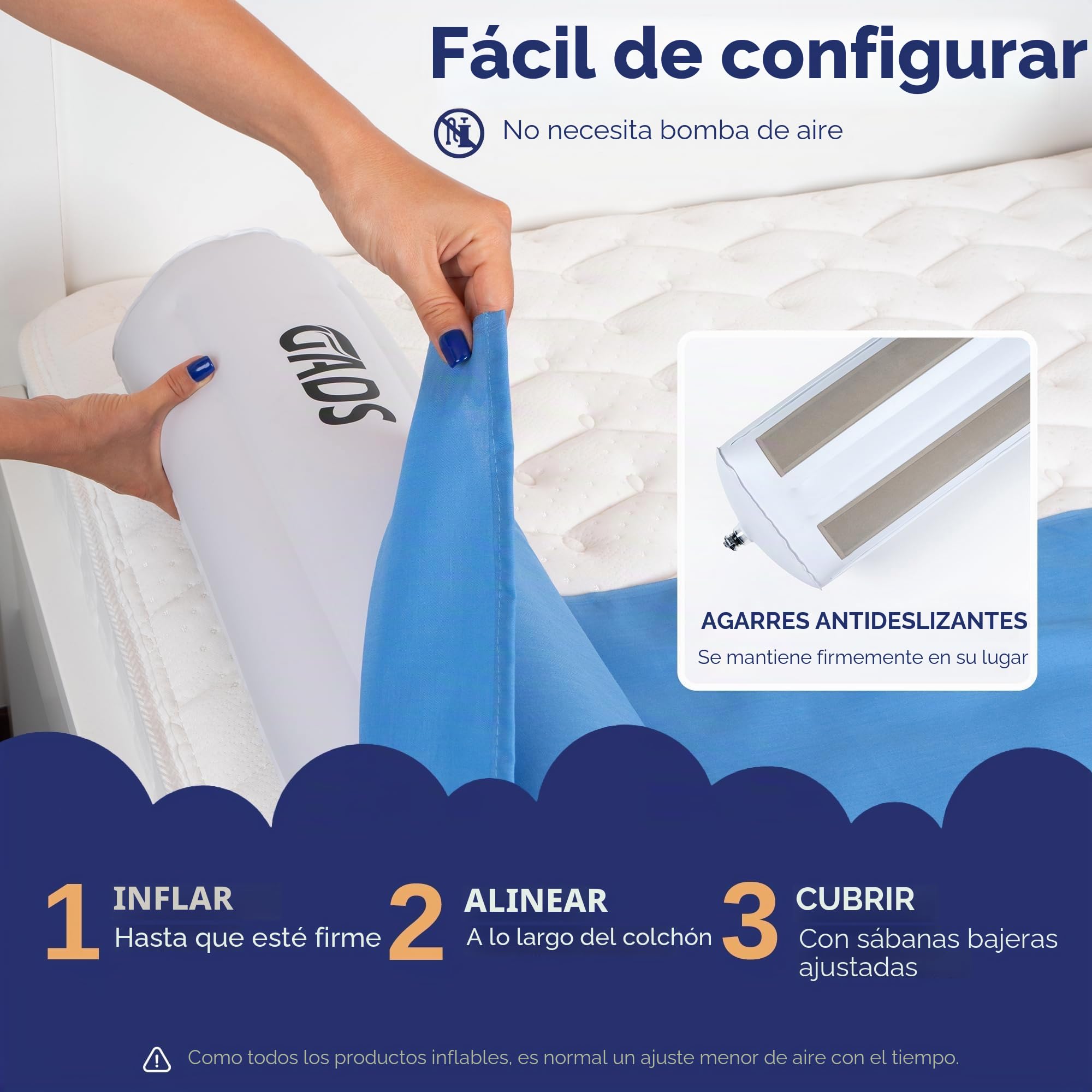 2-Unit de Barreras de Cama Inflables para Niños Pequeños - Barreras de Viaje Seguras - Protector de Cama para Niños - Barreras Inflables para Camas Individuales, Matrimoniales, Queen y King Size