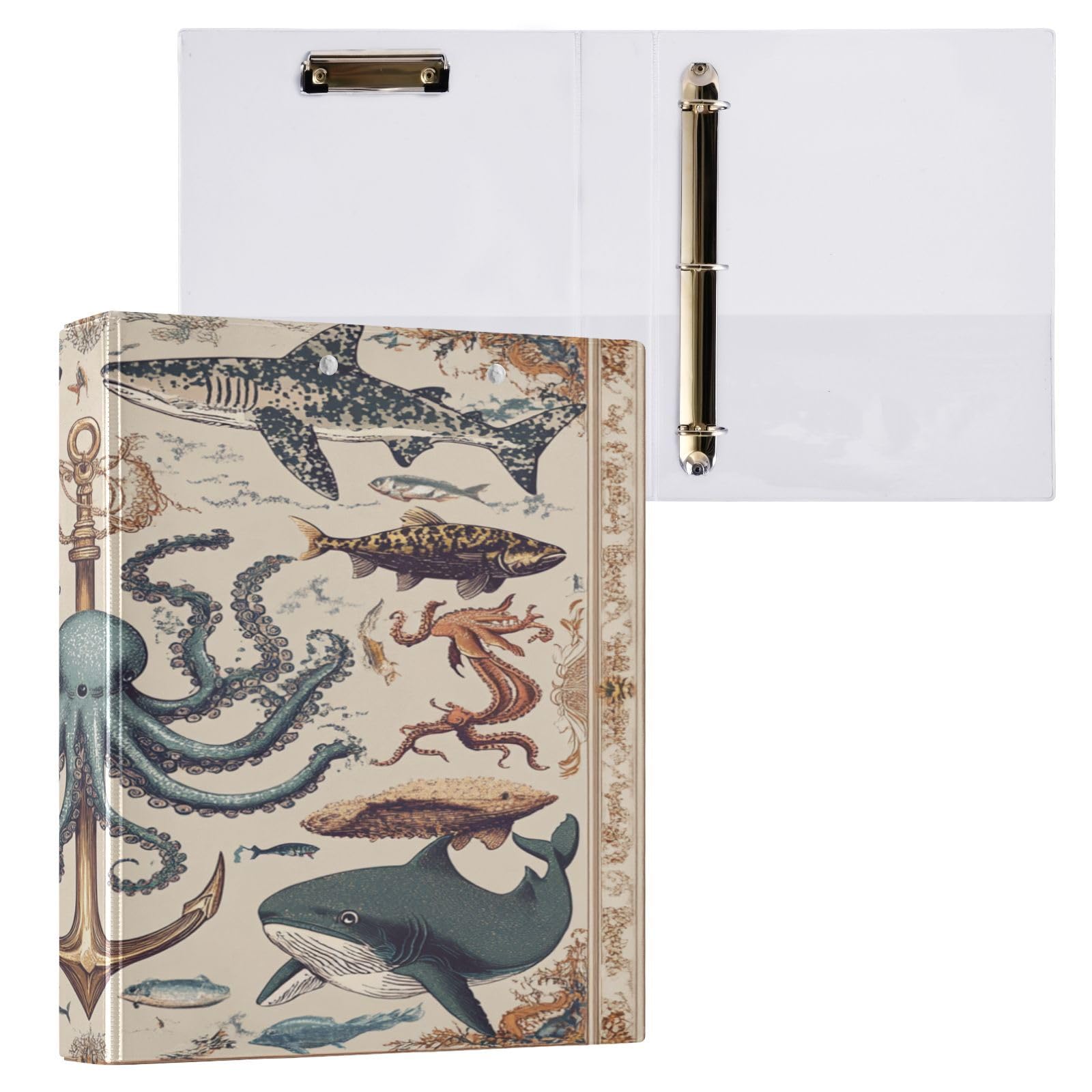 ARGTILDN Octopus Fish Sharks Vintage Anchor 3 Ring Binder Folder 1.5 Inch Large Decorative Clipboard Binders with Pockets Waterproof Holds 200 Sheets