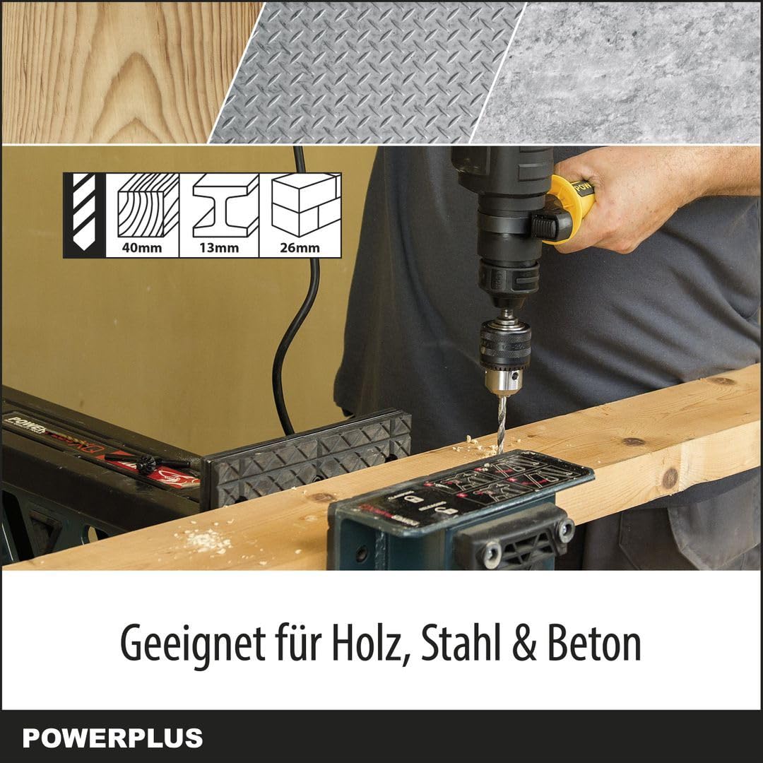 Powerplus POWX1170 wiertarka kombi do wiercenia w drewnie, metalu i betonie – wiertarka kombi jako wiertarka udarowa i młotek udarowy w zestawie z walizką, dłutem i akcesoriami