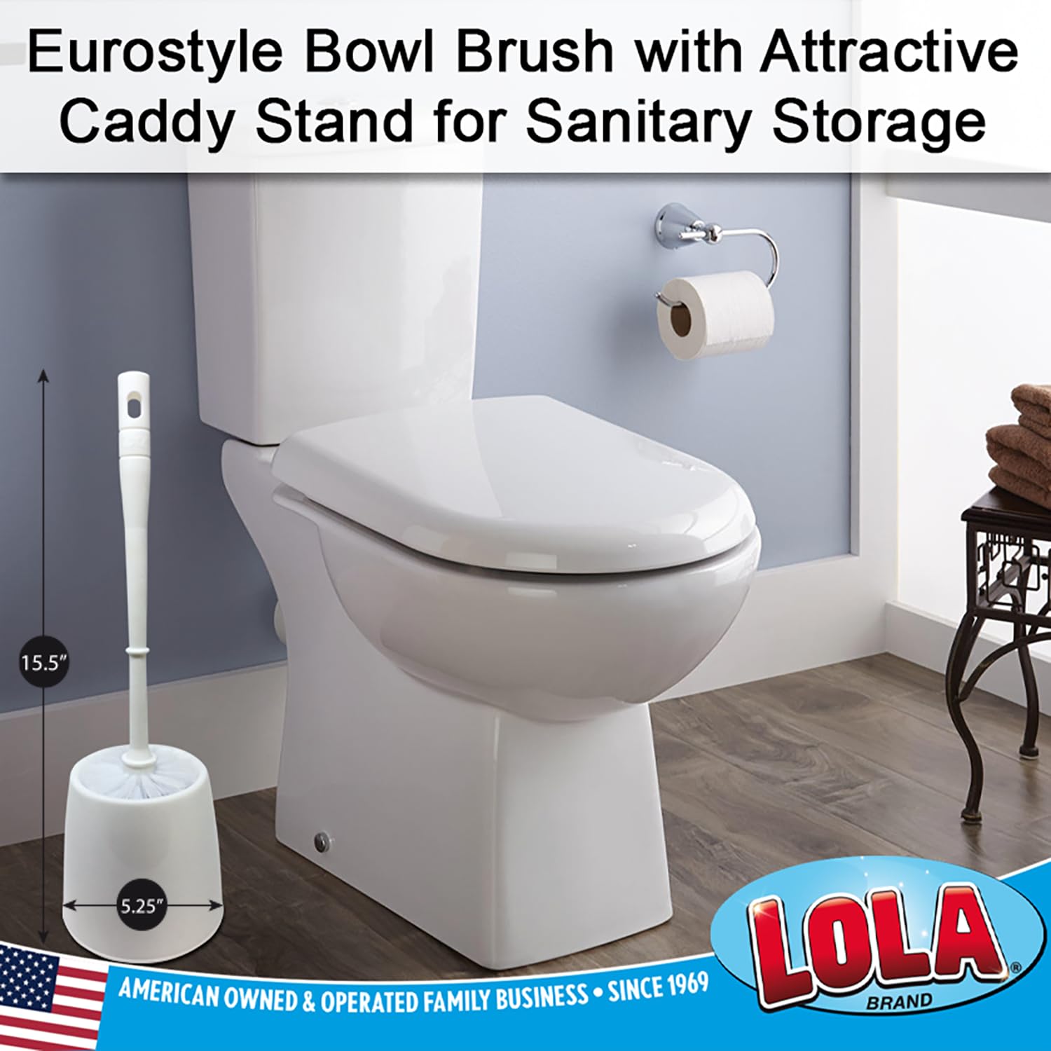 Lola Products - Juego de escobilla de inodoro y soporte, versión clásica, duradero, cerdas rígidas fuertes para una limpieza profunda, antiarañazos con soporte de almacenamiento compacto que ahorra