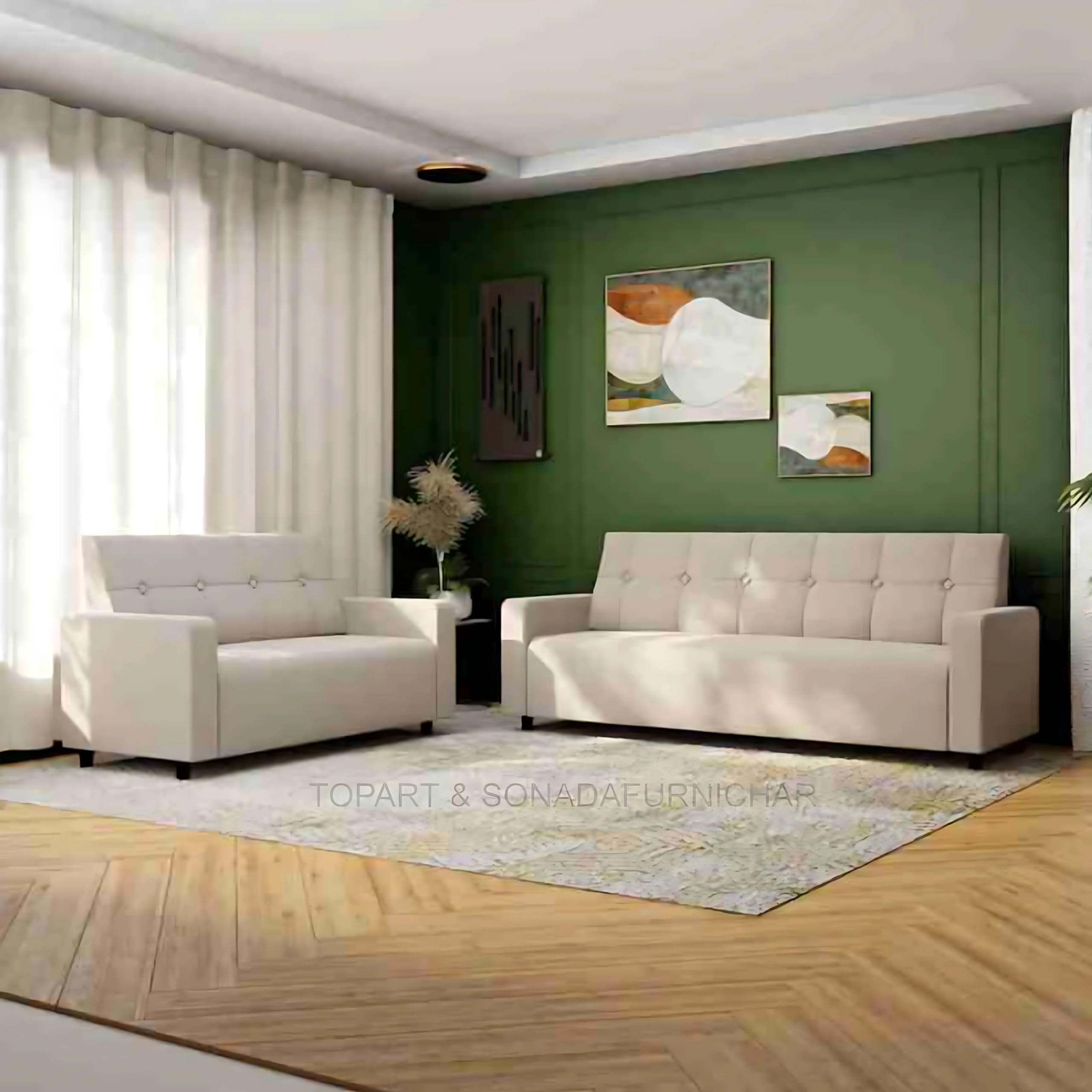 Premium Sofa Set 5 Seater | Fabric Sofa Set with Cushion for Living Room | Comfortable 5 Seater Sofa Set in Suede Velvet | Sofa for Living Room,Home, Office Furniture | Cream 3+2-image-18
